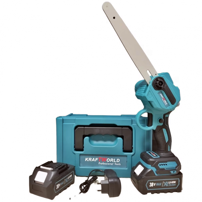 Mini-drujba KraftWorld 38 V, 10 AH, 2 acumulatori, 2 lanturi, lungime de taiere 200 mm, viteza lant 6 m/s, albastru [2]