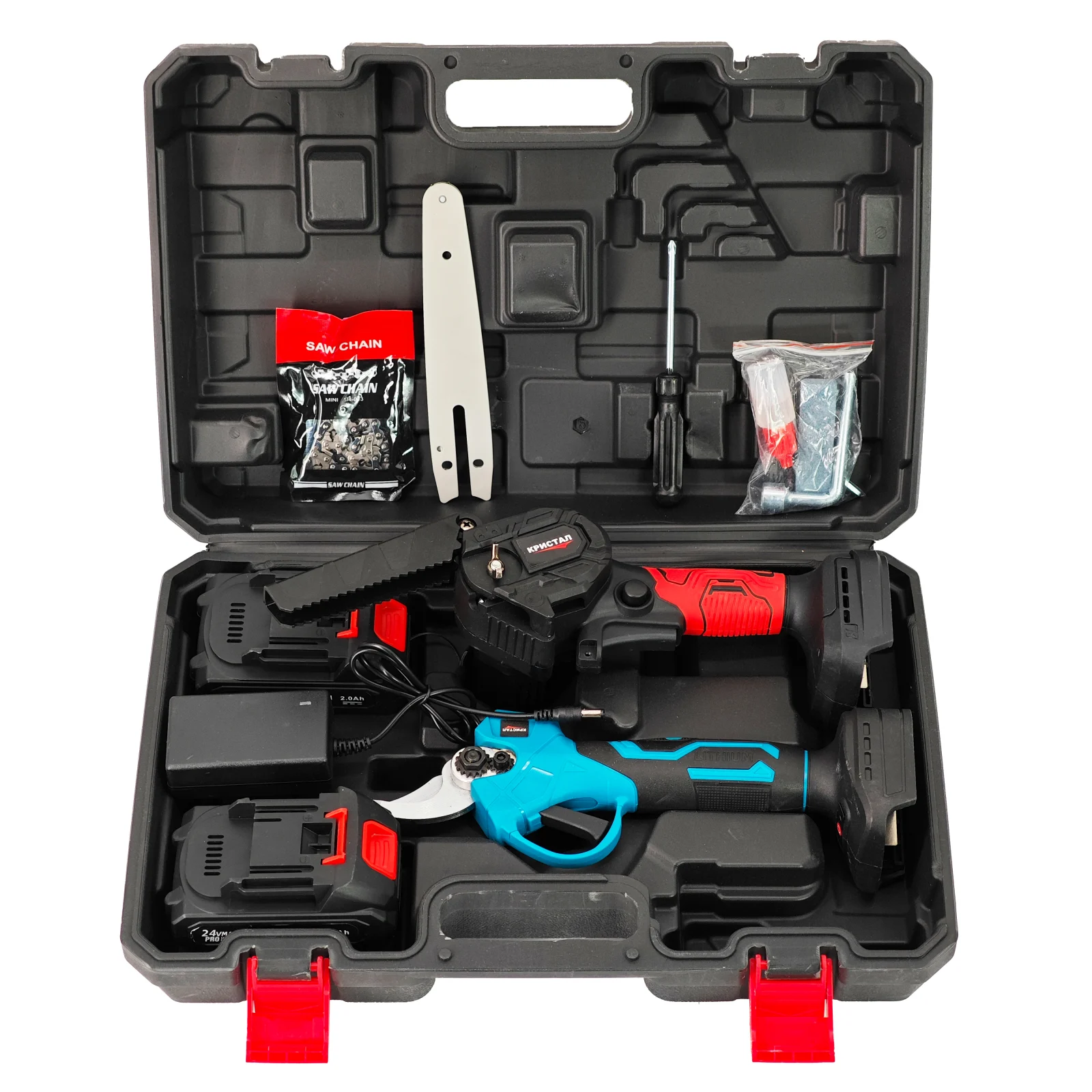 Set foarfeca electrica & mini-drujba cu 2 acumulatori DDT-CRISTAL, 24 V, 2 Ah, incarcator, accesorii incluse [5]