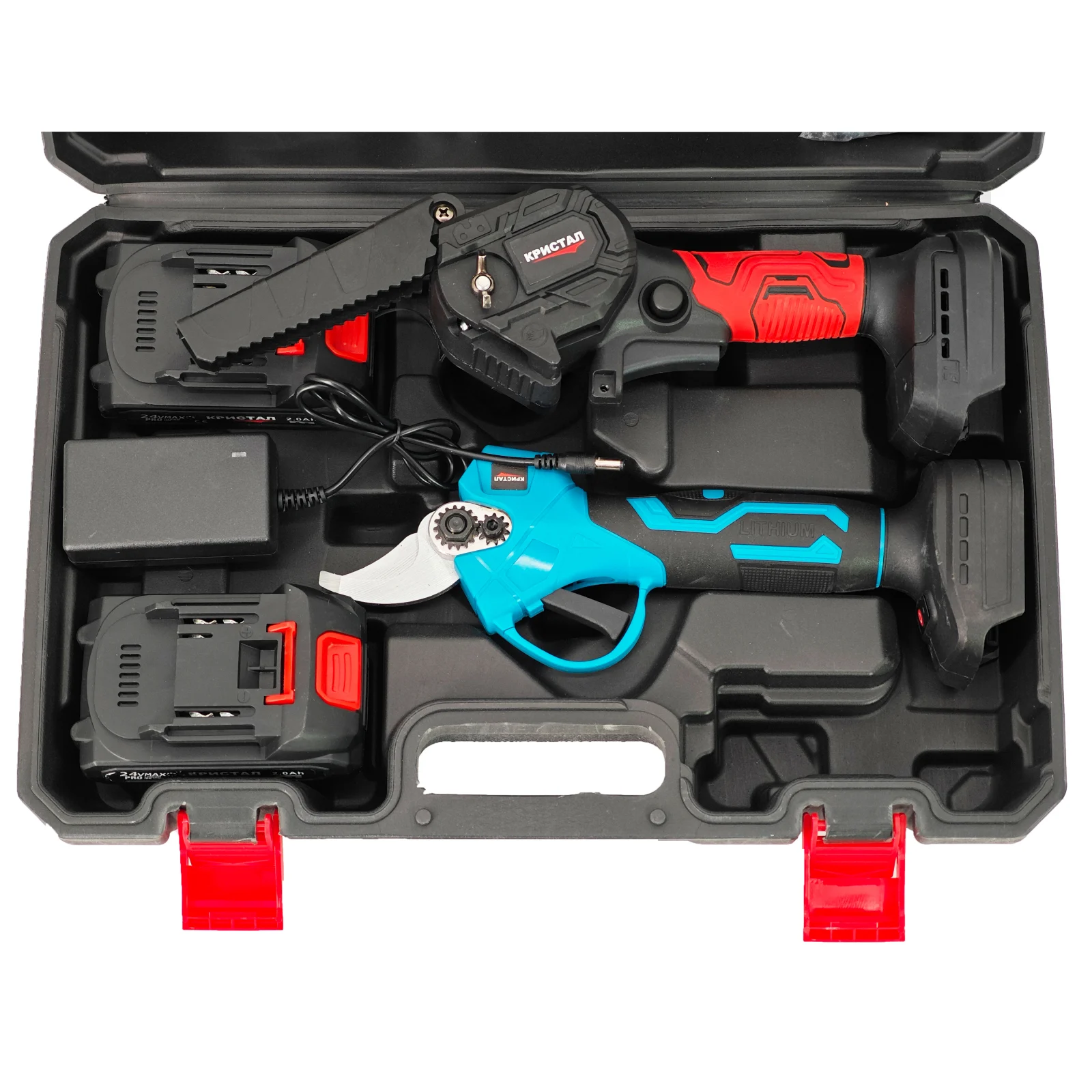 Set foarfeca electrica & mini-drujba cu 2 acumulatori DDT-CRISTAL, 24 V, 2 Ah, incarcator, accesorii incluse [2]