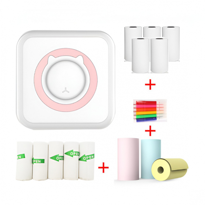 Lichidare Mini Imprimanta Foto Portabila, Flippy, 5 Role de Hartie Termica, 5 Role Autocolante, 3 Role Colorate, Pixuri, Incarcare USB, Model Pisica, Alb Roz [4]