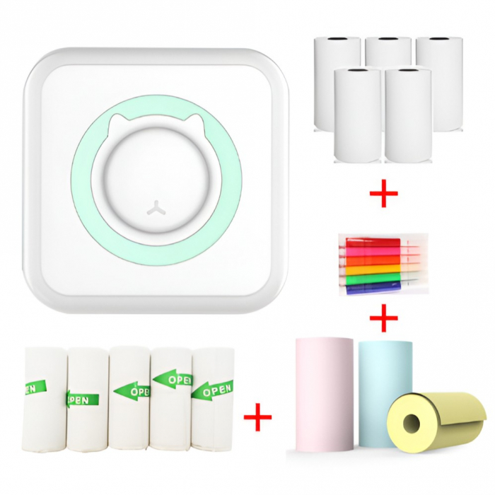 Mini Imprimanta Foto Portabila, Flippy, 5 Role de Hartie Termica, 5 Role Autocolante, 3 Role Colorate, Pixuri, Incarcare USB, Model Pisica, Alb Verde [2]