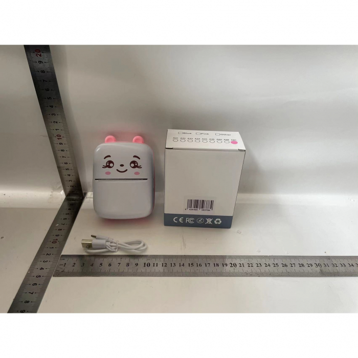 Mini Imprimanta Foto Portabila, Flippy, Incarcare USB, Bluetooth, Model Ursulet, 12 x 9 x 5 cm, Alb Roz [2]