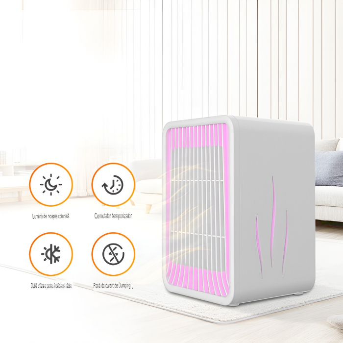 Mini Incalzitor pentru Birou, Flippy, Incalzire si Racire, 1000-1200W, cu Lumini, cu Maner, Lungime Cablu 1.5 m, 3 Trepte de Temperatura, 15.3x13.8x22.5 cm, Alb [3]