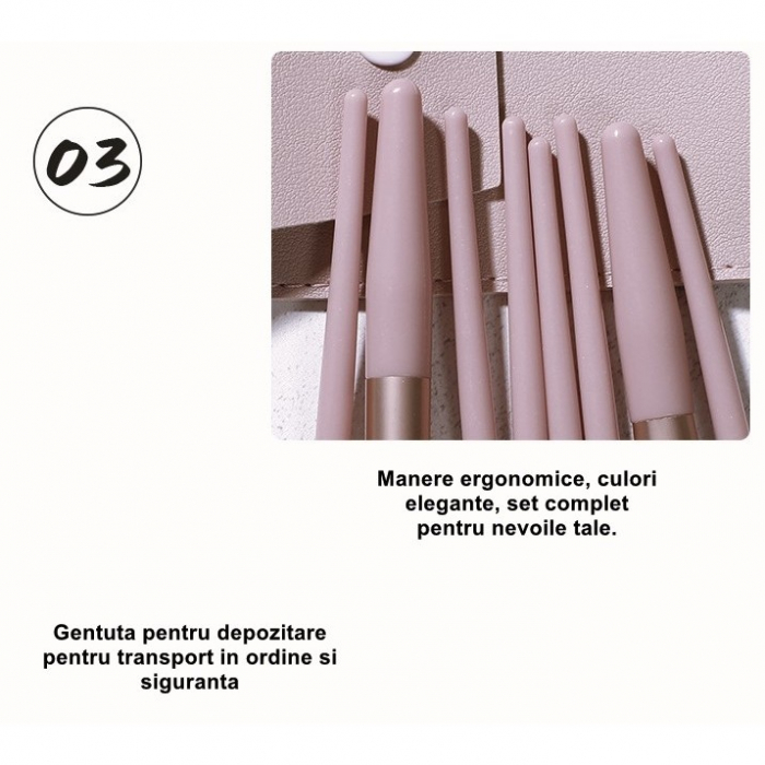Mini Set Portabil 8 Pensule pentru Machiaj Flippy, Super Soft, Makeup Profesional/Incepatori, Maner Ergonomic, Gentuta Depozitare Inclusa, Maro [3]