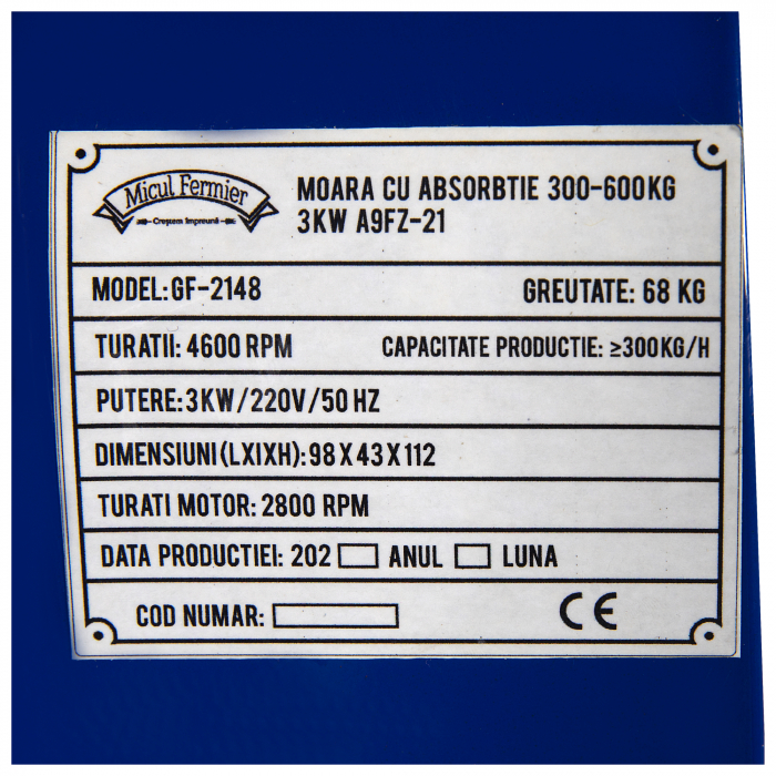 Moara cu absortie Micul Fermier 3 Kw, 300-600 kg/h, A9FZ-21 [2]