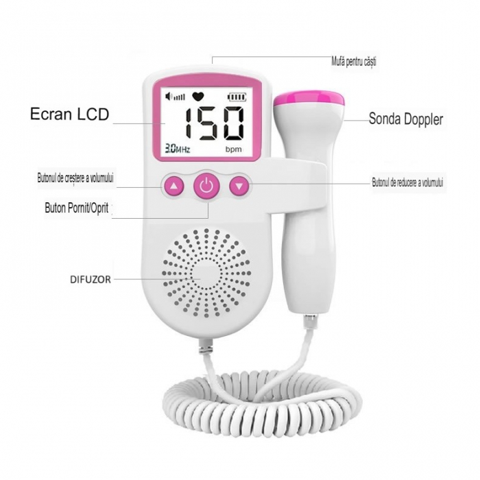Monitor Fetal Doppler, Flippy, Monitorizare Sarcina, Ritm Cardiac, Ecran LCD 4.5 cm, 2 x Baterii AA (neincluse), Portabil, din ABS, 12.8 x 9.6 x 3 cm, Utilizare de la 9 Saptamani, Roz [4]