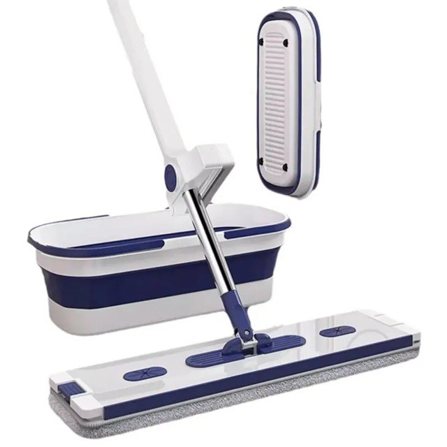 Mop Plat, Flippy, cu Galeata Pliabila, 2 Rezerve din Microfibra, 127 cm Tija Telescopica, Utilizare Umeda/Uscata, Recipient Lichid, Albastru [1]