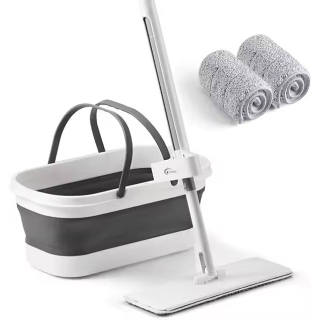 Mop Plat, Flippy, cu Galeata Pliabila, 2 Rezerve din Microfibra, 127 cm Tija Telescopica, Utilizare Umeda/Uscata, Recipient Lichid, Gri [1]