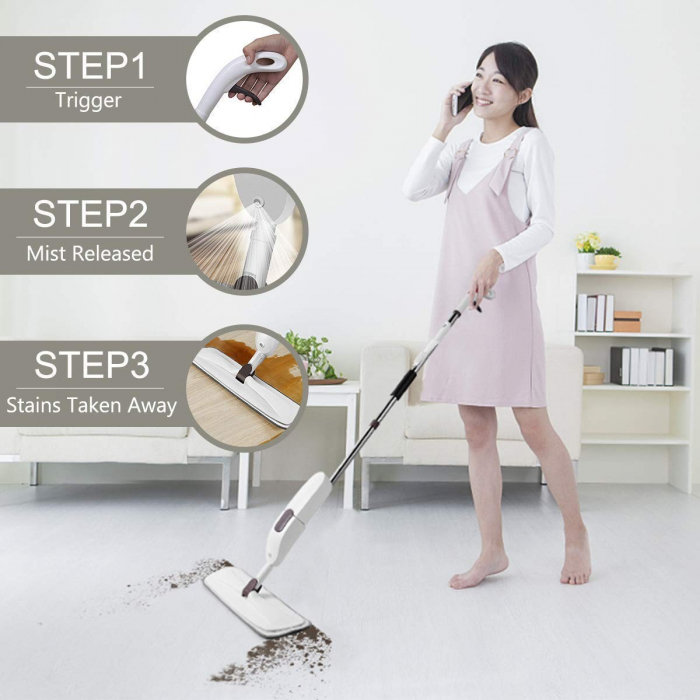 Mop plat, Flippy, cu pulverizator, pentru uz casnic, plastic, rezerva de mop din microfibra, 125x40 cm, Alb/Mov [8]