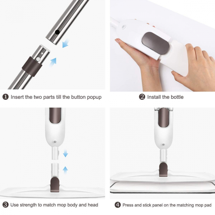Mop plat, Flippy, cu pulverizator, pentru uz casnic, plastic, rezerva de mop din microfibra, 125x40 cm, Alb/Mov [7]