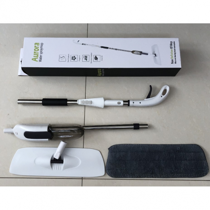 Mop plat, Flippy, cu pulverizator, pentru uz casnic, plastic, rezerva de mop din microfibra, 125x40 cm, Alb/Negru [2]