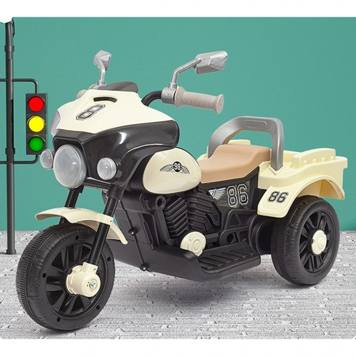 Motocicleta Electrica Flippy, cu Acumulator, cu Sistem Anti-Rasturnare, Sistem de Lumini si Muzica, Cutie de Depozitare, 1-8 Ani, 93 x 43 x 58 cm, Alb - Bej [1]