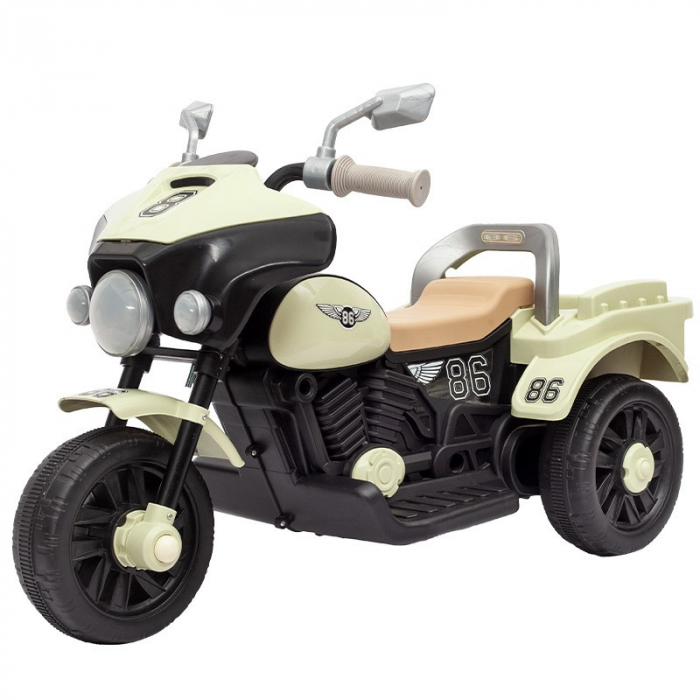 Motocicleta Electrica Flippy, cu Acumulator, cu Sistem Anti-Rasturnare, Sistem de Lumini si Muzica, Cutie de Depozitare, 1-8 Ani, 93 x 43 x 58 cm, Alb - Bej [11]