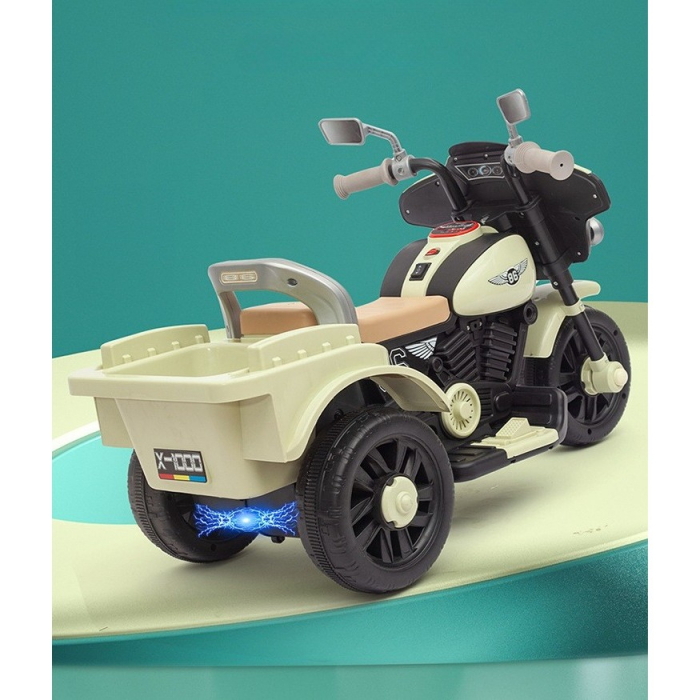Motocicleta Electrica Flippy, cu Acumulator, cu Sistem Anti-Rasturnare, Sistem de Lumini si Muzica, Cutie de Depozitare, 1-8 Ani, 93 x 43 x 58 cm, Alb - Bej [3]