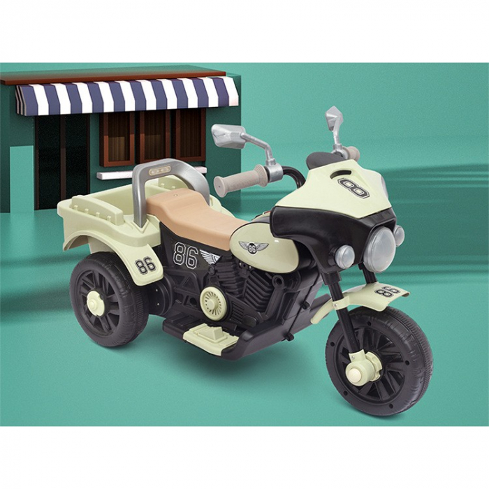Motocicleta Electrica Flippy, cu Acumulator, cu Sistem Anti-Rasturnare, Sistem de Lumini si Muzica, Cutie de Depozitare, 1-8 Ani, 93 x 43 x 58 cm, Alb - Bej [13]