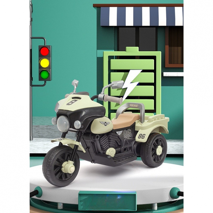 Motocicleta Electrica Flippy, cu Acumulator, cu Sistem Anti-Rasturnare, Sistem de Lumini si Muzica, Cutie de Depozitare, 1-8 Ani, 93 x 43 x 58 cm, Alb - Bej [14]
