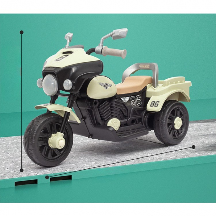 Motocicleta Electrica Flippy, cu Acumulator, cu Sistem Anti-Rasturnare, Sistem de Lumini si Muzica, Cutie de Depozitare, 1-8 Ani, 93 x 43 x 58 cm, Alb - Bej [6]