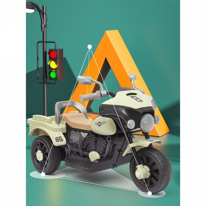 Motocicleta Electrica Flippy, cu Acumulator, cu Sistem Anti-Rasturnare, Sistem de Lumini si Muzica, Cutie de Depozitare, 1-8 Ani, 93 x 43 x 58 cm, Alb - Bej [9]