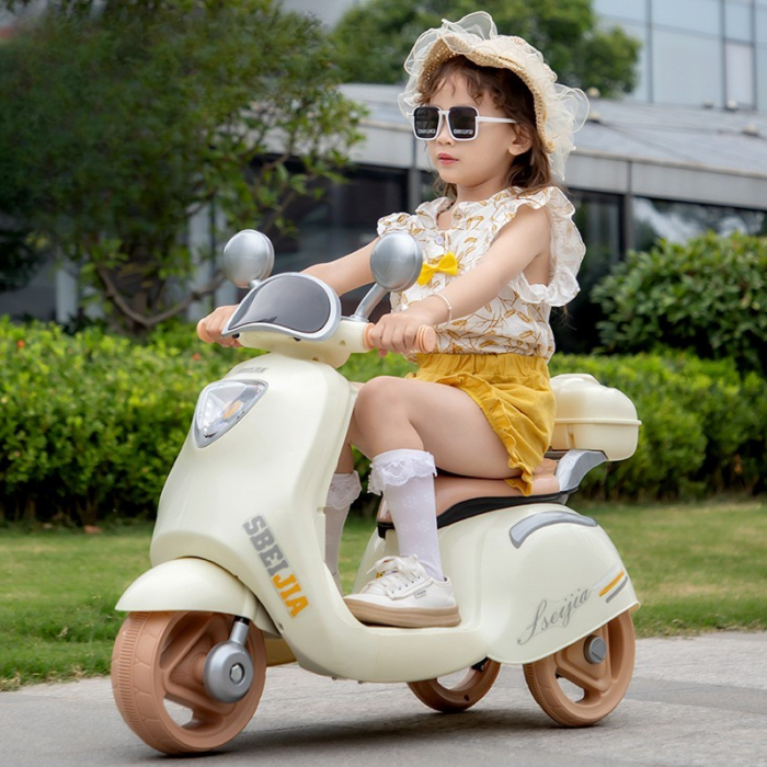 Motocicleta Electrica Flippy, cu Acumulator, Telecomanda, Bluetooth, cu Sistem Anti-Rasturnare, Sistem de Lumini si Sunet, 3-10 Ani, Bej [5]