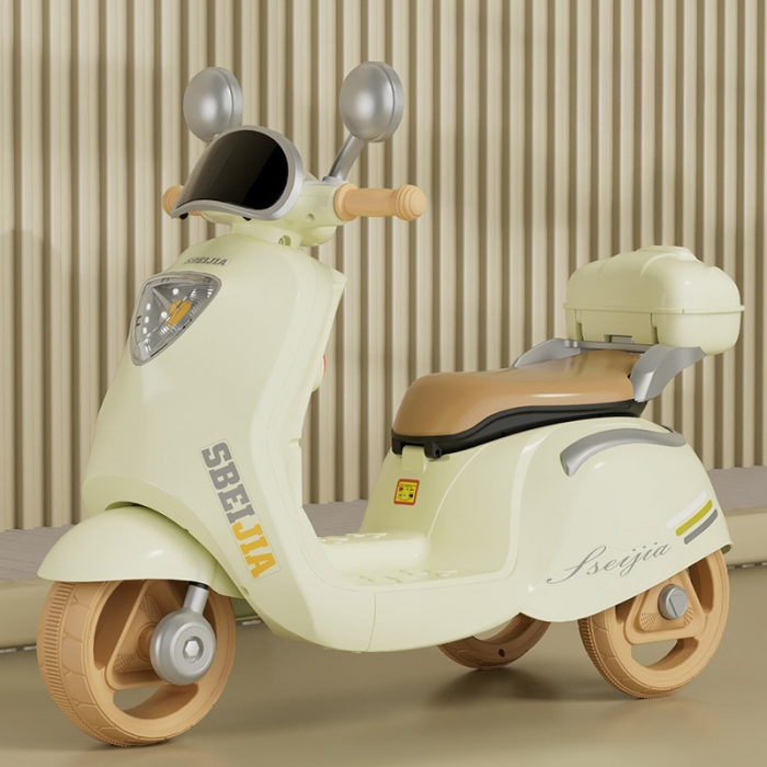 Motocicleta Electrica Flippy, cu Acumulator, Telecomanda, Bluetooth, cu Sistem Anti-Rasturnare, Sistem de Lumini si Sunet, 3-10 Ani, Bej [4]