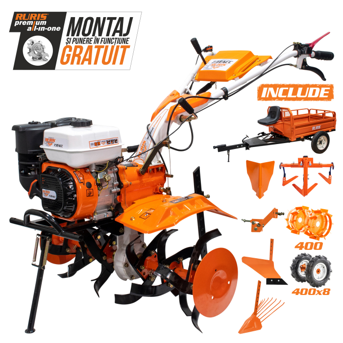 Motosapatoare ruris 731acc3 + roti cauciuc 5.00-8+rarita+plug+adaptor+dispozitiv scos cartofi+roti metalice 400 fara manicot+cultivator+remorca ruris 550s [1]
