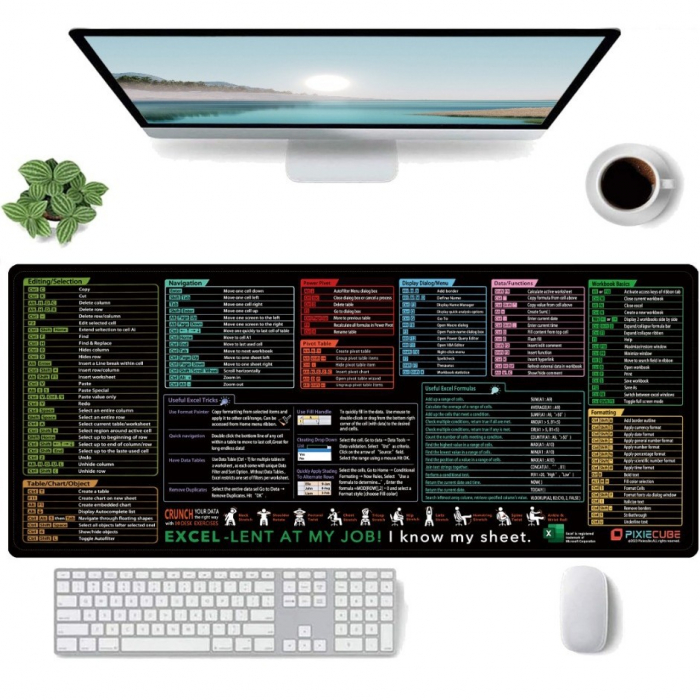 Mousepad cu Suport Tastatura, Flippy, Covoras pentru Masa de Birou cu Formule si Scurtaturi pentru Excel, Rezistent la Zgirieturi si Antiderapant 90 x 40 cm, Model 2, Negru [2]