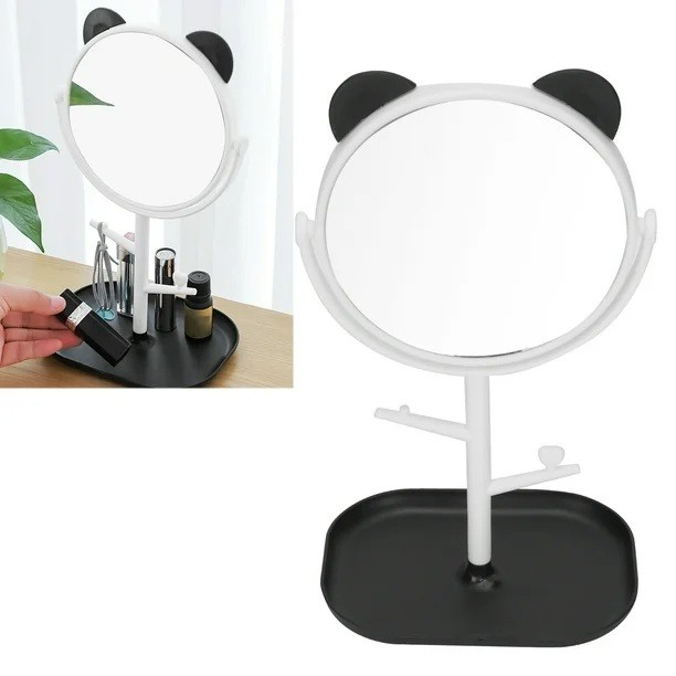 Oglina Cosmetica cu Picior, Flippy, HD, Rotire 360 Grade, 15 cm Diametru, Suport Bijuterii Baza + Brate, Model cu Urechi, 30 x 16.5 x 15 cm, Alb/Negru [3]