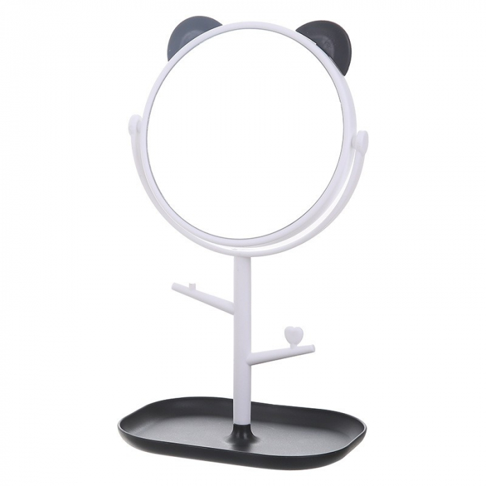 Oglina Cosmetica cu Picior, Flippy, HD, Rotire 360 Grade, 15 cm Diametru, Suport Bijuterii Baza + Brate, Model cu Urechi, 30 x 16.5 x 15 cm, Alb/Negru [1]