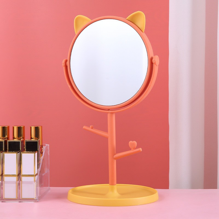Oglina Cosmetica cu Picior, Flippy, HD, Rotire 360 Grade, 15 cm Diametru, Suport Bijuterii Baza Rotunda + 2 Brate, Model cu Urechi, 31 x 14.5 x 15 cm, din Plastic, Portocaliu/Galben [2]