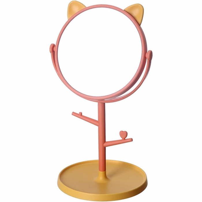 Oglina Cosmetica cu Picior, Flippy, HD, Rotire 360 Grade, 15 cm Diametru, Suport Bijuterii Baza Rotunda + 2 Brate, Model cu Urechi, 31 x 14.5 x 15 cm, din Plastic, Portocaliu/Galben [1]