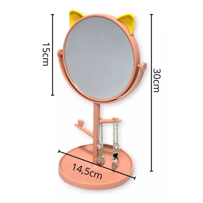 Oglina Cosmetica cu Picior, Flippy, HD, Rotire 360 Grade, 15 cm Diametru, Suport Bijuterii Baza Rotunda + 2 Brate, Model cu Urechi, 31 x 14.5 x 15 cm, din Plastic, Roz/Galben [3]