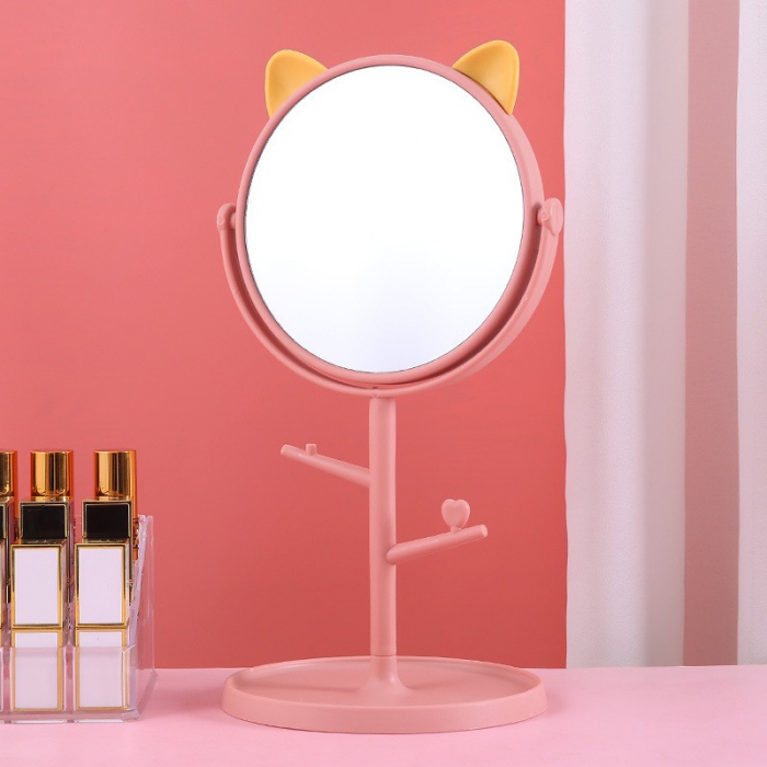 Oglina Cosmetica cu Picior, Flippy, HD, Rotire 360 Grade, 15 cm Diametru, Suport Bijuterii Baza Rotunda + 2 Brate, Model cu Urechi, 31 x 14.5 x 15 cm, din Plastic, Roz/Galben [2]