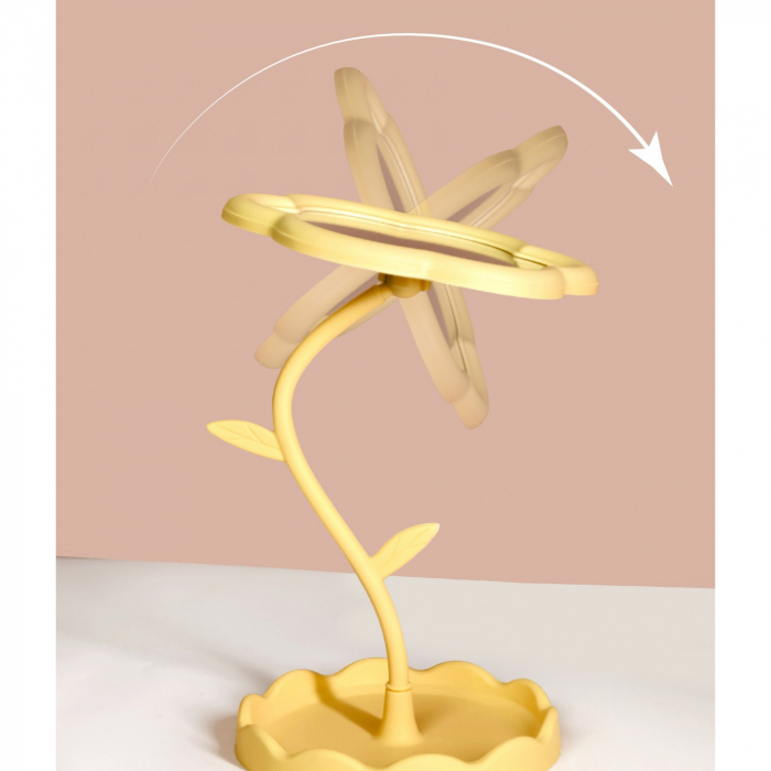 LICHIDARE Oglindă de Machiaj pentru Birou, Flippy, Rotativă, Detasabilă, Model de Floarea Soarelui, Suport pentru Inele, cu Depozitare, Galbena [5]