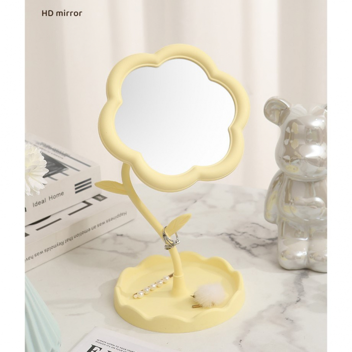 LICHIDARE Oglindă de Machiaj pentru Birou, Flippy, Rotativă, Detasabilă, Model de Floarea Soarelui, Suport pentru Inele, cu Depozitare, Galbena [8]