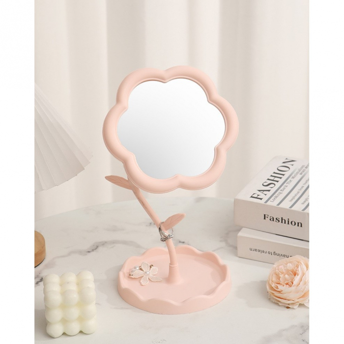 *LICHIDARE STOC* Oglindă de Machiaj pentru Birou, Flippy, Rotativă, Detasabilă, Model de Floarea Soarelui, Suport pentru Inele, cu Depozitare, Roz [10]