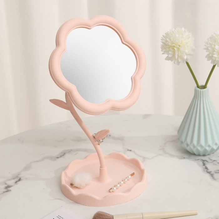 *LICHIDARE STOC* Oglindă de Machiaj pentru Birou, Flippy, Rotativă, Detasabilă, Model de Floarea Soarelui, Suport pentru Inele, cu Depozitare, Roz [7]