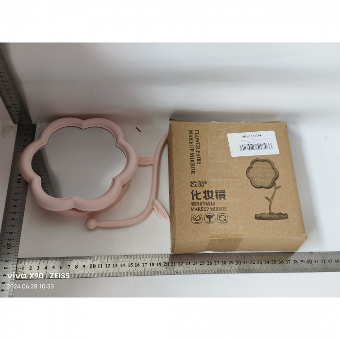 Oglindă de Machiaj pentru Birou, Flippy, Rotativă, Detasabilă, Model de Floarea Soarelui, Suport pentru Inele, cu Depozitare, Roz [2]