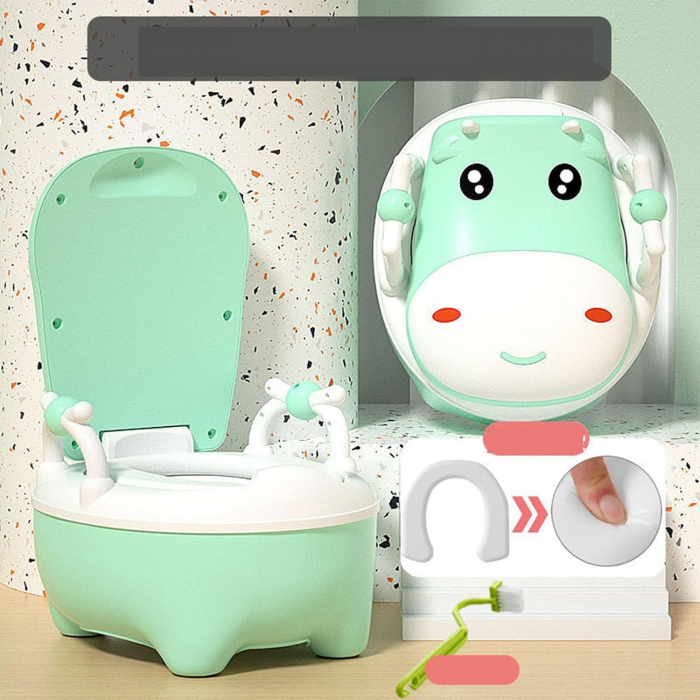 Olita pentru Copii, Flippy, +1an, Portabila, Design Vacuta cu Capac, Model Prietenos, Non-Toxic, cu Manere, Compartiment Detasabil, Perie Inclusa, Usor de Curatat, Verde [6]