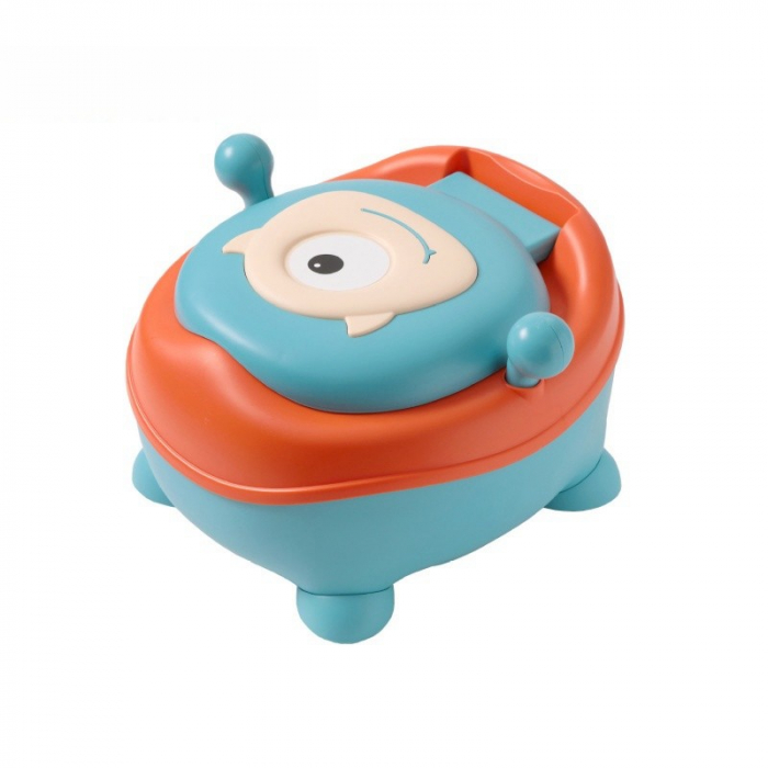 Olita pentru Copii, Flippy, +6 luni, Compartiment Detasabil, cu Capac, Antiderapanta, din Plastic, Colac Moale, Model Animat Ciclop, cu Maner, 33 x 21 x 45 cm, Albastru/Portocaliu [4]