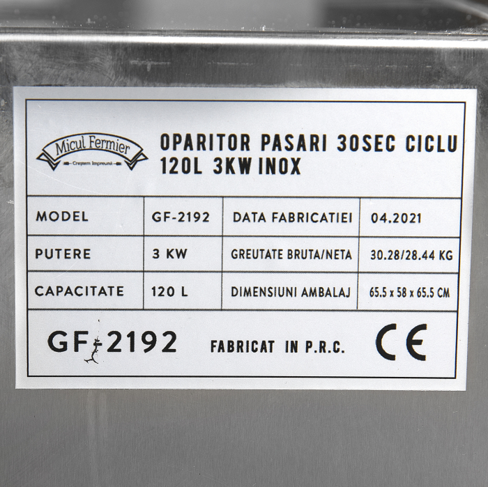 Oparitor pasari 30 sec ciclu 120L 3kW Inox [3]