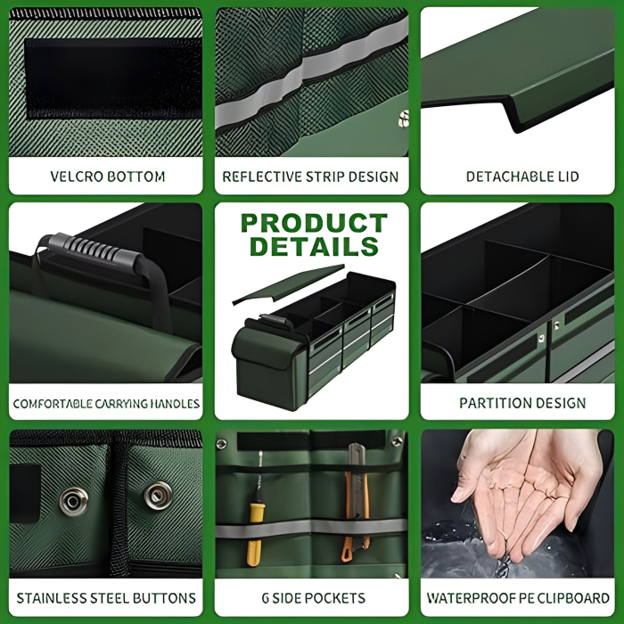 Organizator Auto pentru Portbagaj, Flippy, Model Pliabil, din Panza, cu Geanta Termoizolanta Detasabila, 3 Compartimente, Curele Ajustabile, 90 x 35 x 30 cm, Verde [3]