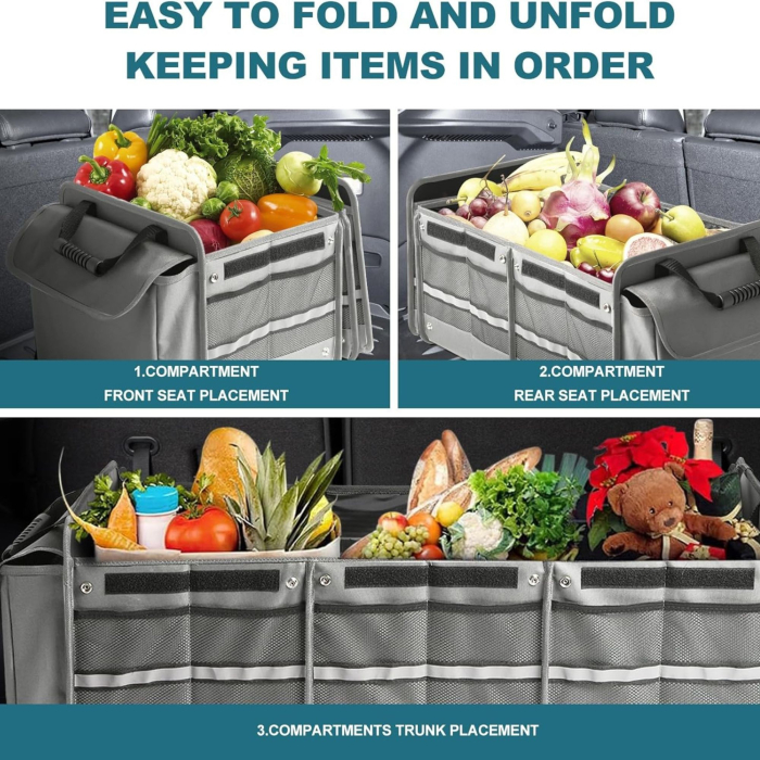 Organizator Auto pentru Portbagaj, Flippy, Model Pliabil, din Panza, cu Geanta Termoizolanta Detasabila, 3 Compartimente, Curele Ajustabile, 90 x 35 x 30 cm, Gri [6]