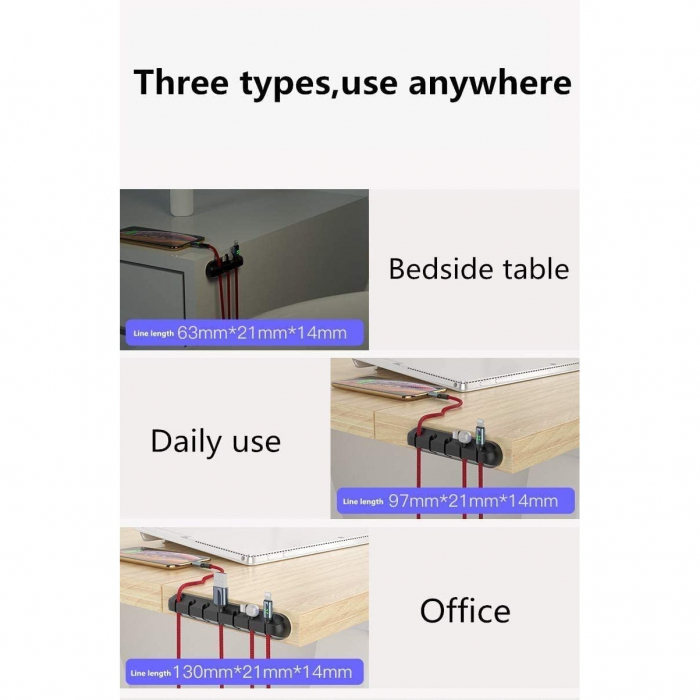 Organizator Cabluri, Flippy, Cable Clips, Fixare Dublu Adeziv, Silicon, 7 Sloturi, Negru [6]