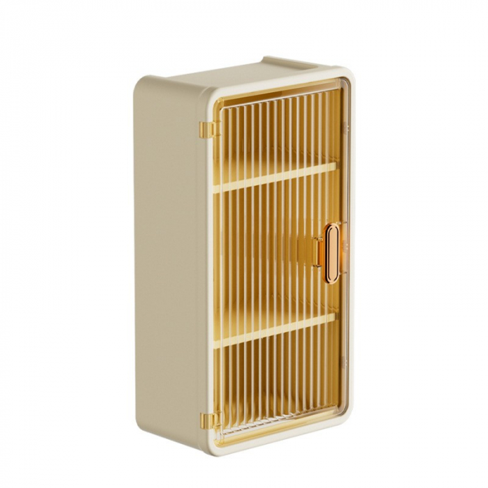 Organizator Cosmetice, Flippy, Montare pe Perete fara Perforare, 36.5x10.9x20 cm, cu 3 Rafturi, din PP si ABS, Bej, Usa Transparenta [6]