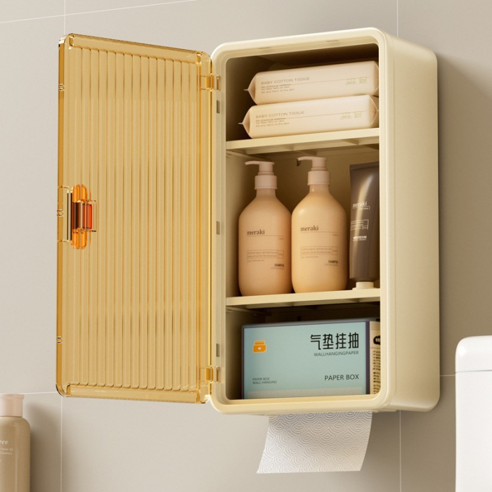 Organizator Cosmetice, Flippy, Montare pe Perete fara Perforare, 36.5x10.9x20 cm, cu 3 Rafturi, din PP si ABS, Bej, Usa Transparenta [7]
