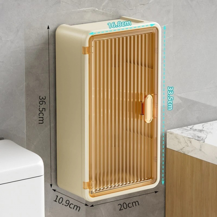 Organizator Cosmetice, Flippy, Montare pe Perete fara Perforare, 36.5x10.9x20 cm, din PP si ABS, Bej, Usa Transparenta [3]