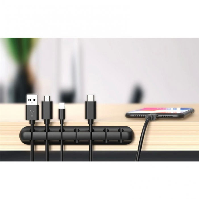 Organizator de Cabluri, Flippy, Autoadeziv, Multifunctional, 7 Locuri de Suport, 11.8x2.2cm, Negru [4]