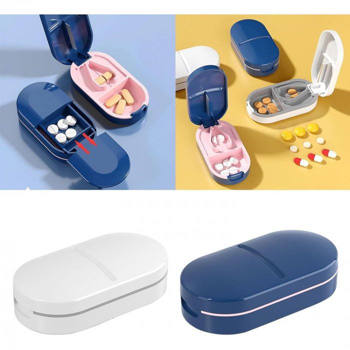Organizator medicamente, Flippy, Dispozitiv Taiere/Sfaramare Pastile, Ideala pentru Calatorii, Portabila, Perie pentru Curatare, Compartiment depozitare, 8.5x4.5x2.5 cm, Alb [5]