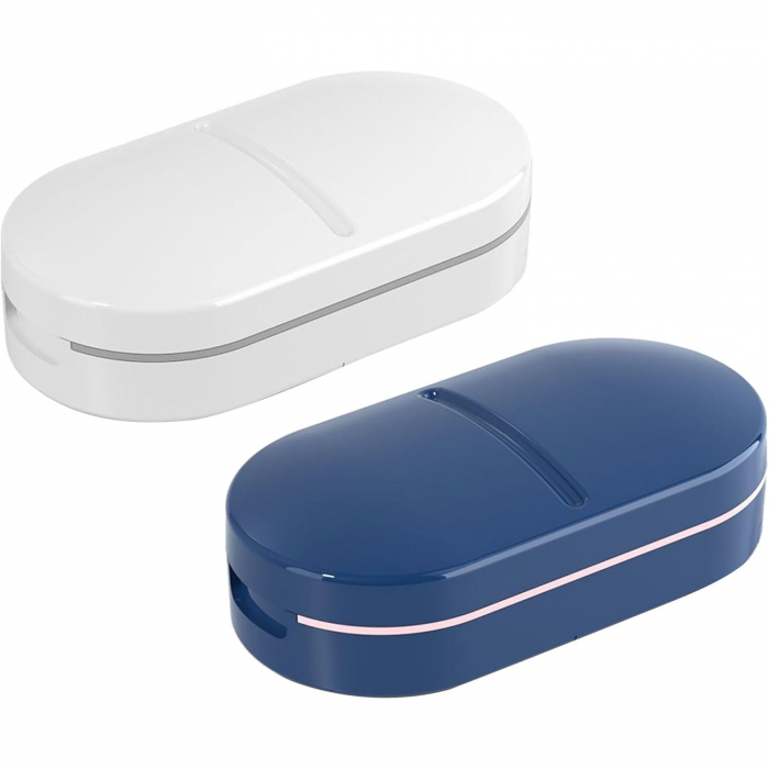Organizator medicamente, Flippy, Dispozitiv Taiere/Sfaramare Pastile, Ideala pentru Calatorii, Portabila, Perie pentru Curatare, Compartiment depozitare, 8.5x4.5x2.5 cm, Alb [6]