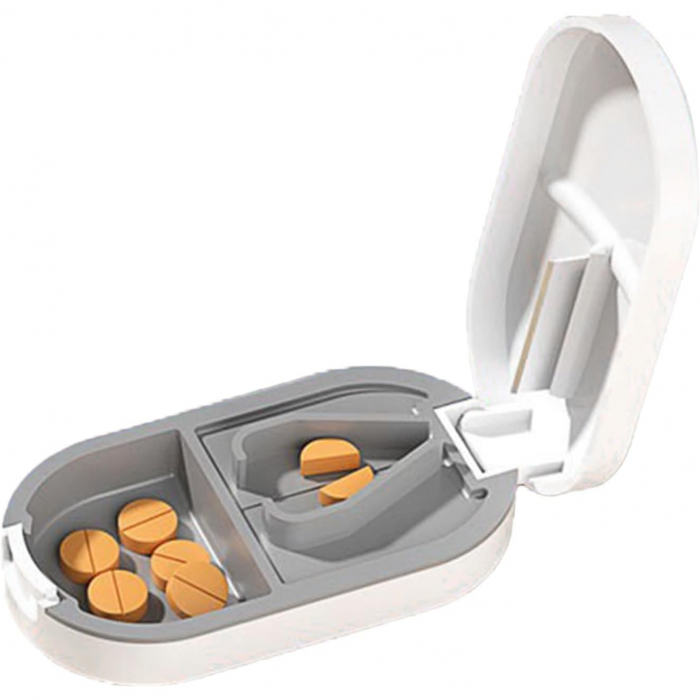 Organizator medicamente, Flippy, Dispozitiv Taiere/Sfaramare Pastile, Ideala pentru Calatorii, Portabila, Perie pentru Curatare, Compartiment depozitare, 8.5x4.5x2.5 cm, Alb [4]